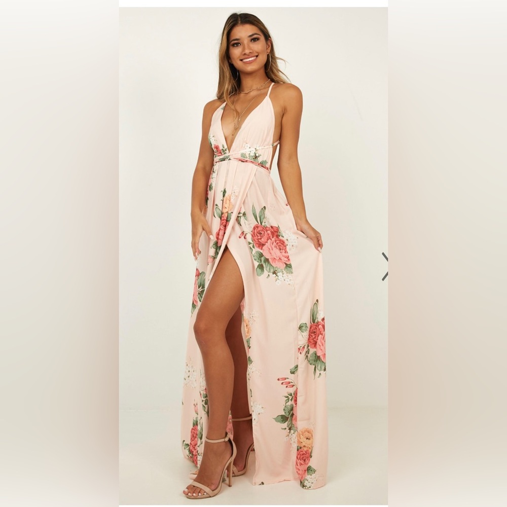 Pink Deep V Backless Maxi Dress